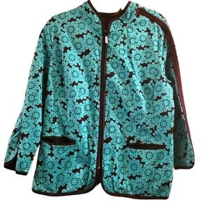 Bob Mackie Womens Blue Floral Print Blazer Size XL Zipper Front Wearable Art